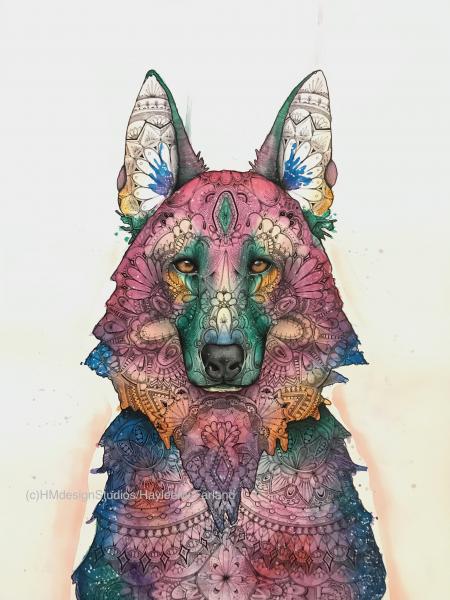 Cosmic German Shepherd Print, Watercolor and Pen and Ink, by Haylee McFarland