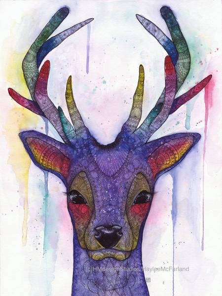Cosmic Deer Print, Watercolor and Pen and Ink, by Haylee McFarland