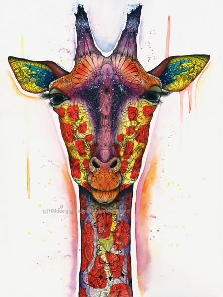Cosmic Giraffe Print, Watercolor and Pen and Ink, by Haylee McFarland