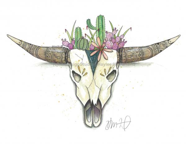 Teal Spike and Horns Print, Watercolor and Pen and Ink, by Haylee McFarland