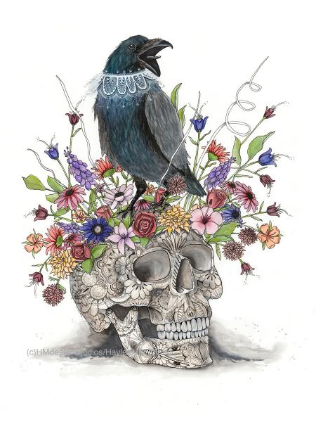 Crow and Skull Print, Watercolor and Pen and Ink, by Haylee McFarland