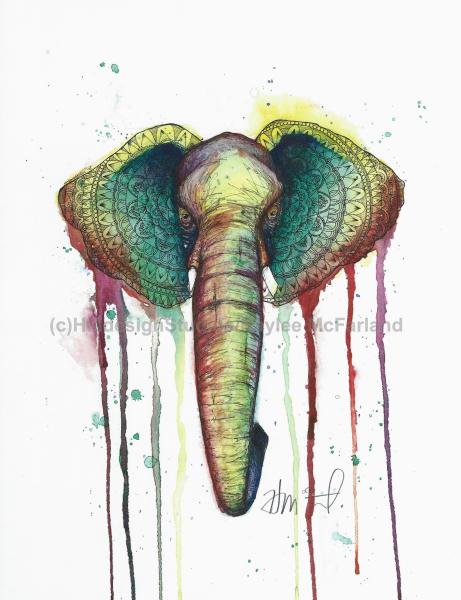 Rainbow Elephant Print, Watercolor and Pen and Ink, by Haylee McFarland