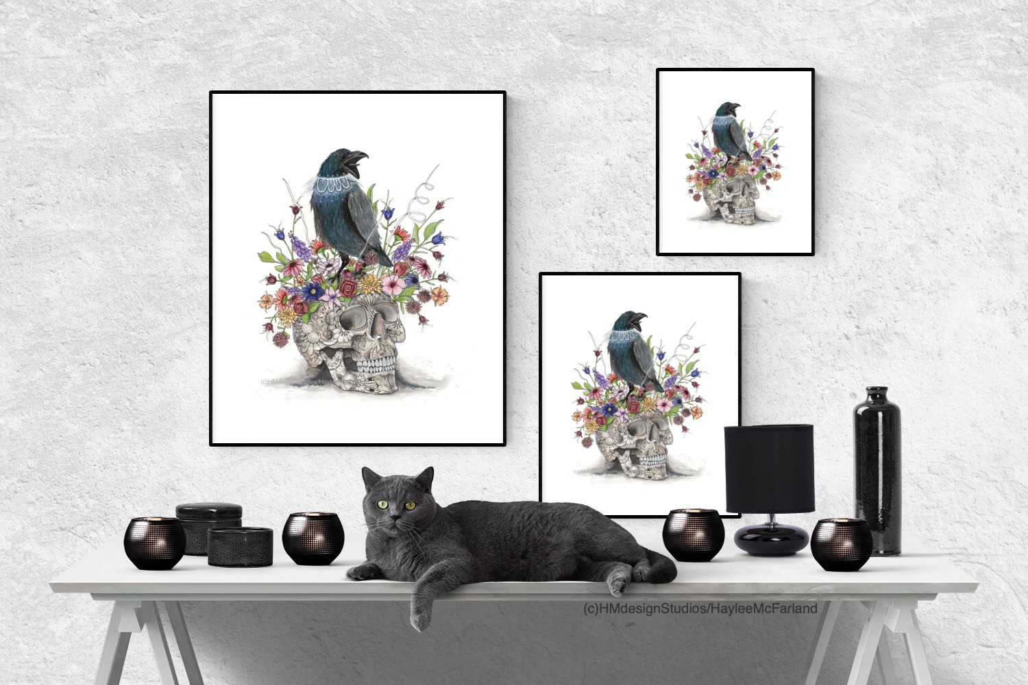 Crow and Skull Print, Watercolor and Pen and Ink, by Haylee McFarland picture