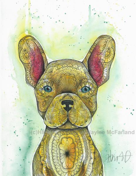 Yellow Frenchie Print, Watercolor and Pen and Ink, by Haylee McFarland