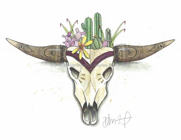 Maroon Spikes and Horns Print, Watercolor and Pen and Ink, by Haylee McFarland