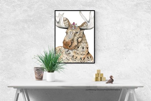Moose with Mushrooms, LIMITED EDITION PRINT, Watercolor and Pen and Ink, by Haylee McFarland picture