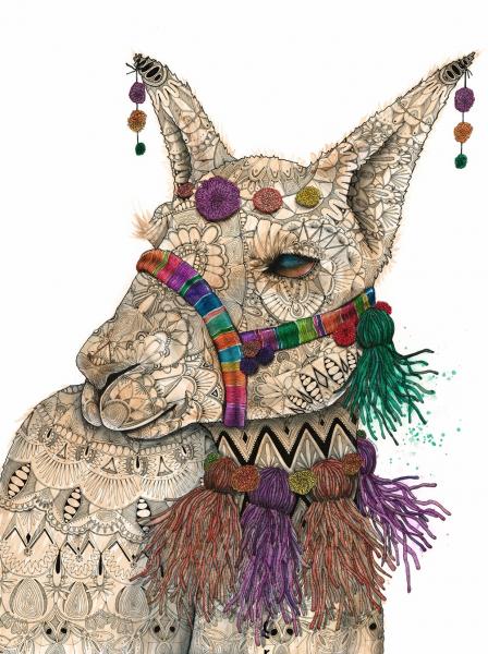 Decorated Llama Print, Watercolor and Pen and Ink, by Haylee McFarland
