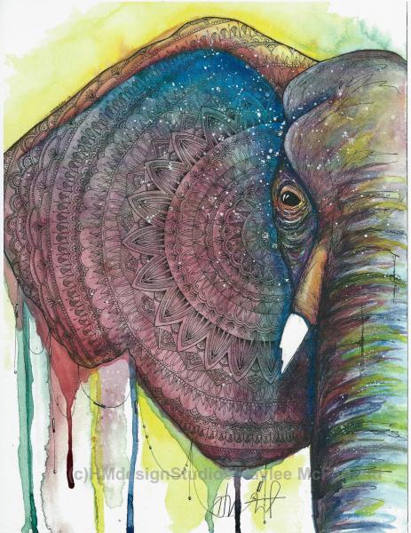 Cosmic Half Elephant Print, Watercolor and Pen and Ink, by Haylee McFarland