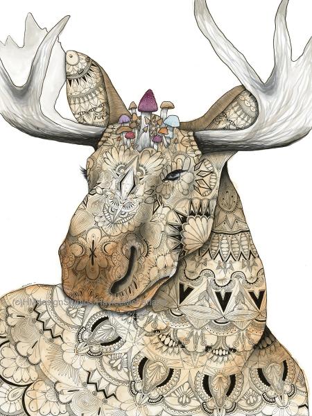 Moose with Mushrooms, LIMITED EDITION PRINT, Watercolor and Pen and Ink, by Haylee McFarland