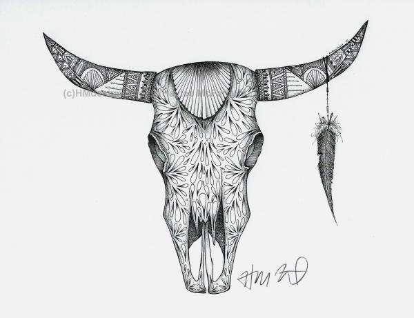 Black and White Longhorn #2 Print, Watercolor and Pen and Ink, by Haylee McFarland