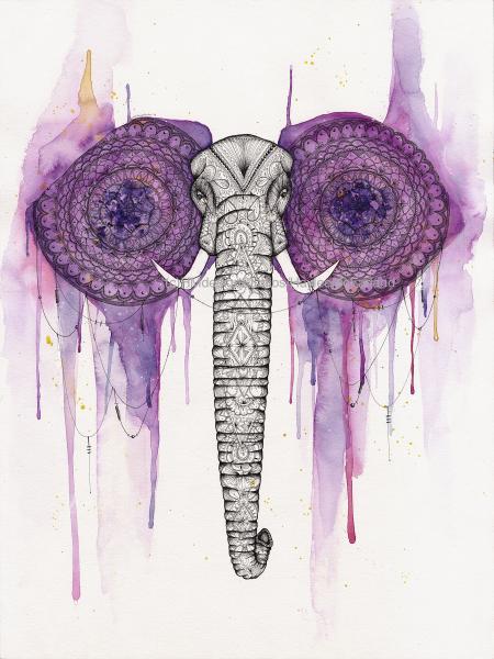 Pink Elephant Print, Watercolor and Pen and Ink, by Haylee McFarland