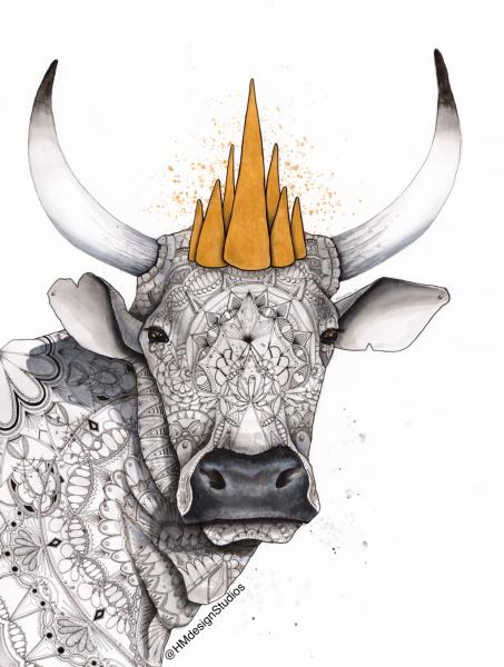 Ox with Crown, LIMITED EDITION PRINT, Watercolor and Pen and Ink, by Haylee McFarland