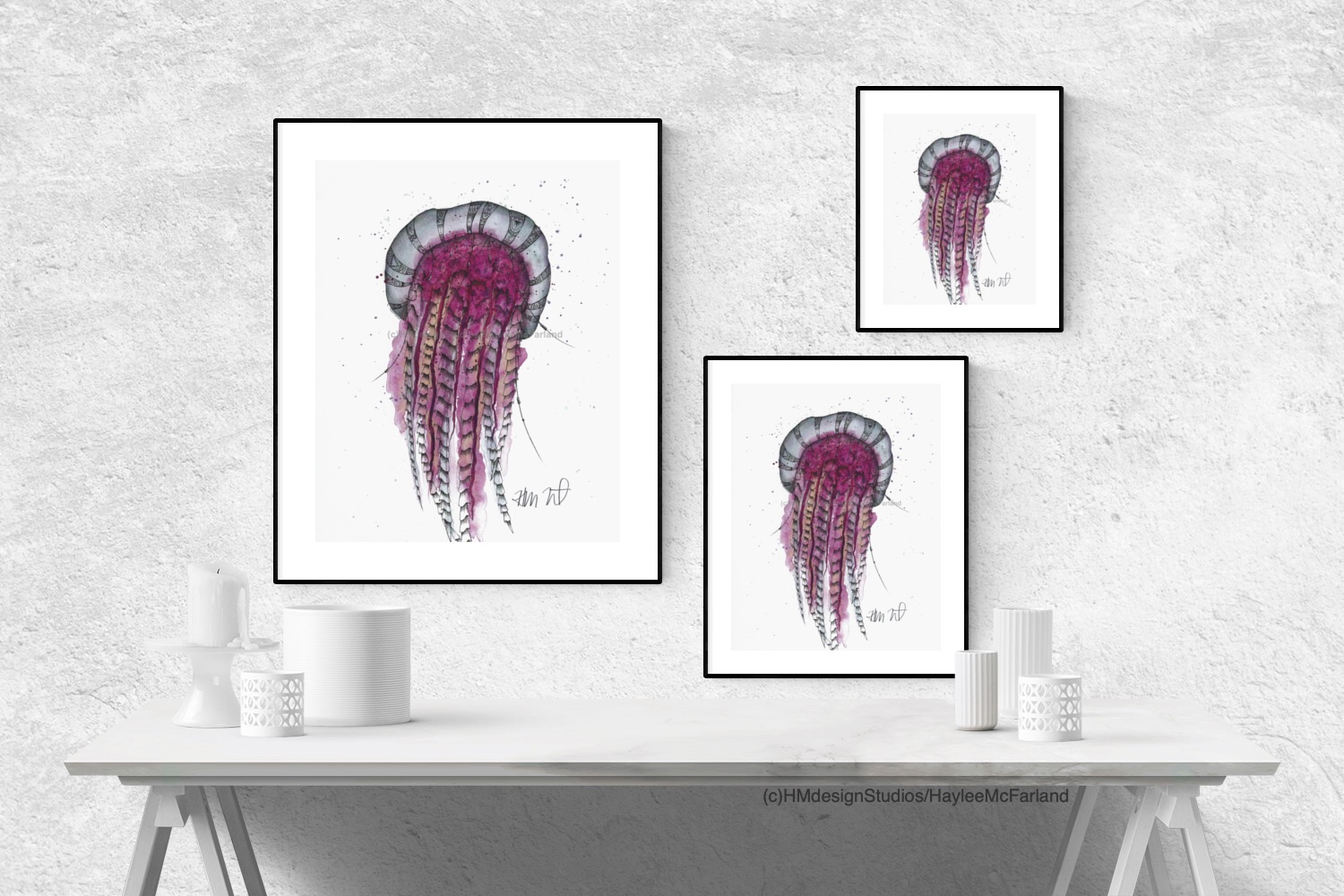 Raspberry Jellyfish Print, Watercolor and Pen and Ink, by Haylee McFarland picture