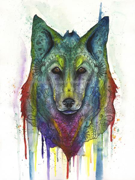 Cosmic Wolf Print, Watercolor and Pen and Ink, by Haylee McFarland