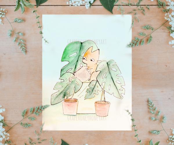 Cat Monstera Watercolor Print picture