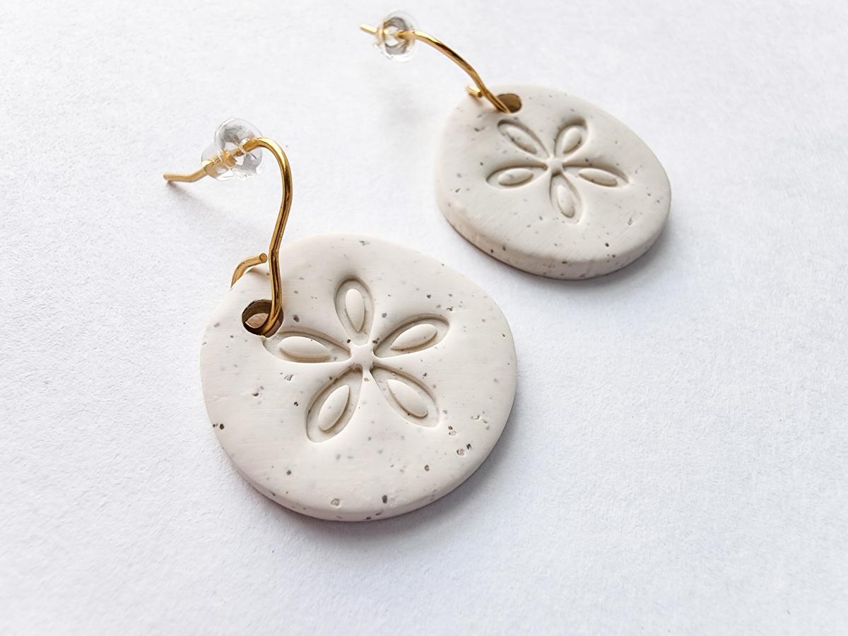 Summer Polymer Clay Beachside Sand Dollar Dangle Earring with Gold picture