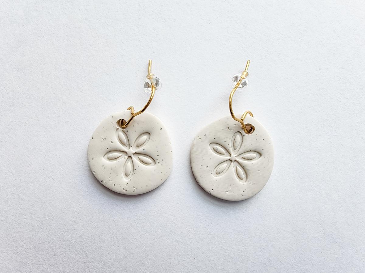 Summer Polymer Clay Beachside Sand Dollar Dangle Earring with Gold picture