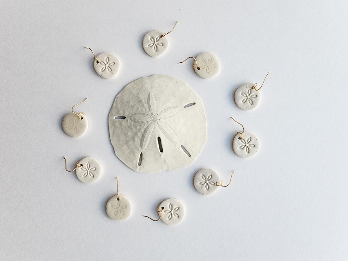 Summer Polymer Clay Beachside Sand Dollar Dangle Earring with Gold picture