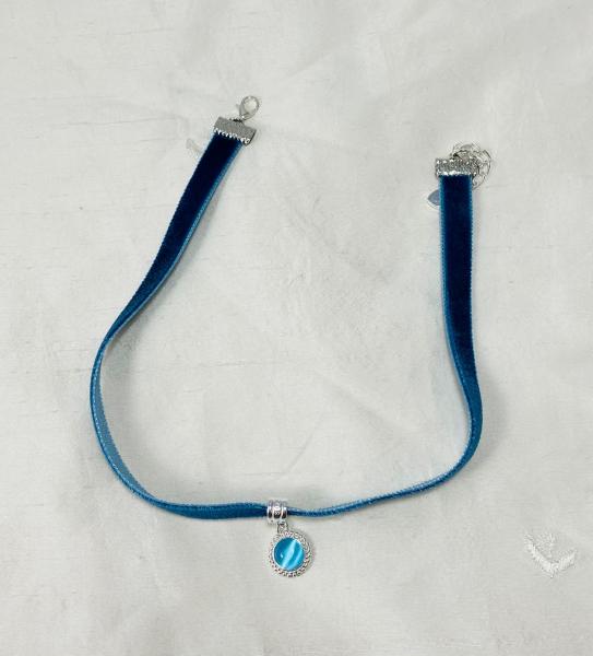 Teal Velvet Choker Necklace with Blue Cat's Eye Pendant picture