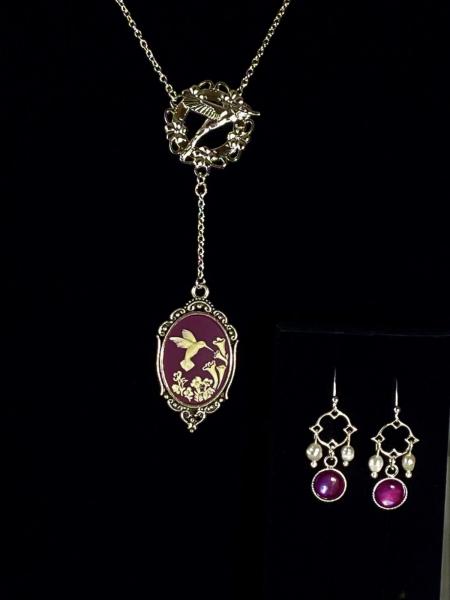 Purple Hummingbird Cameo Necklace and Earring Set picture