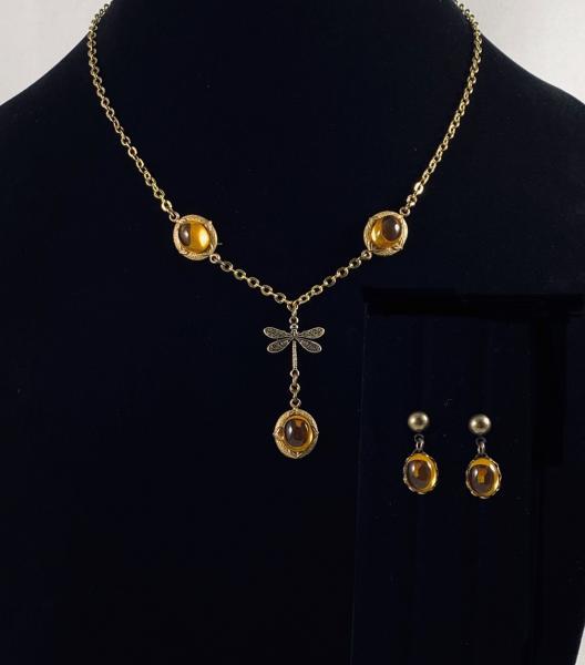 Dragonfly and Amber  Vintage Necklace and Earring Set