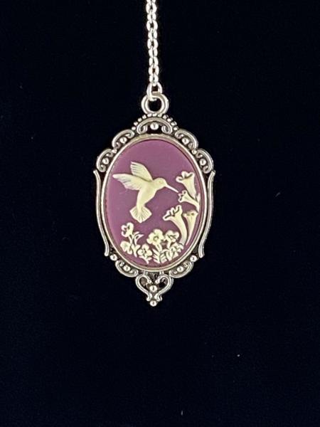 Purple Hummingbird Cameo Necklace and Earring Set