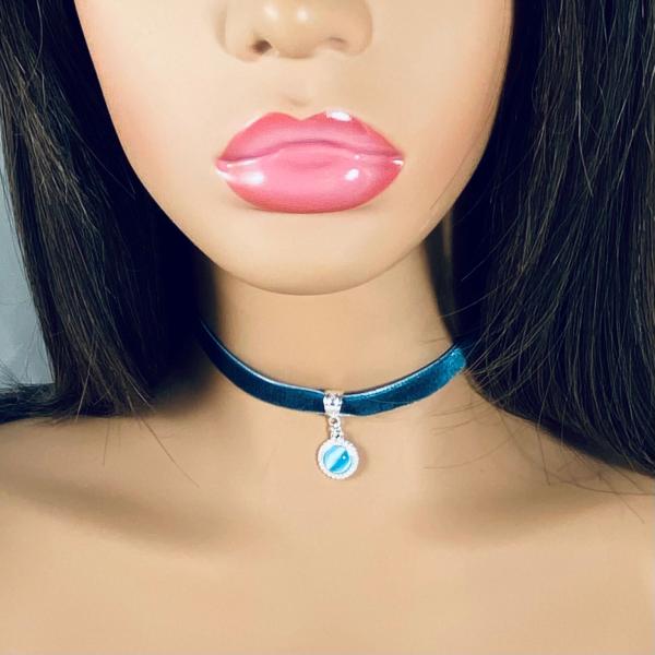 Teal Velvet Choker Necklace with Blue Cat's Eye Pendant picture