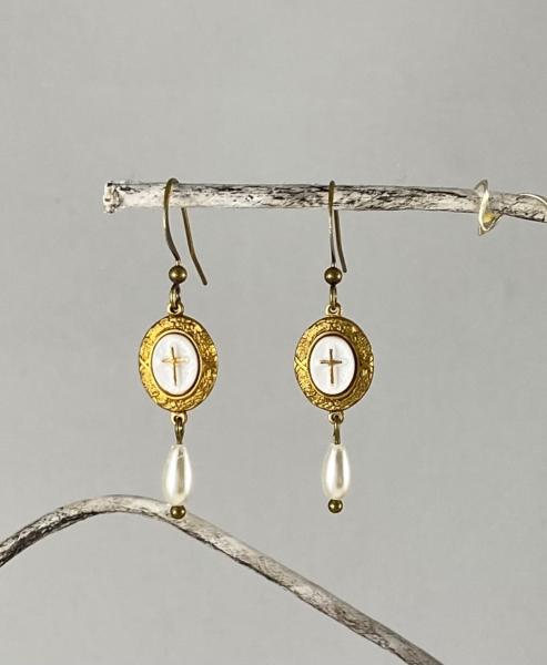 Vintage Gold and White Cross Earrings picture