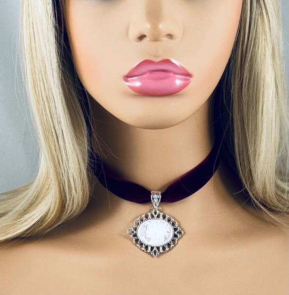 Burgundy Velvet Cameo Choker Necklace picture