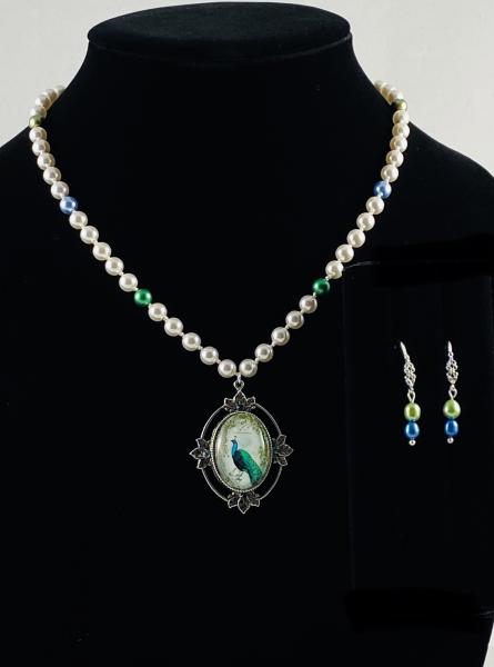 Pearls and Peacock Necklace and Earring Set