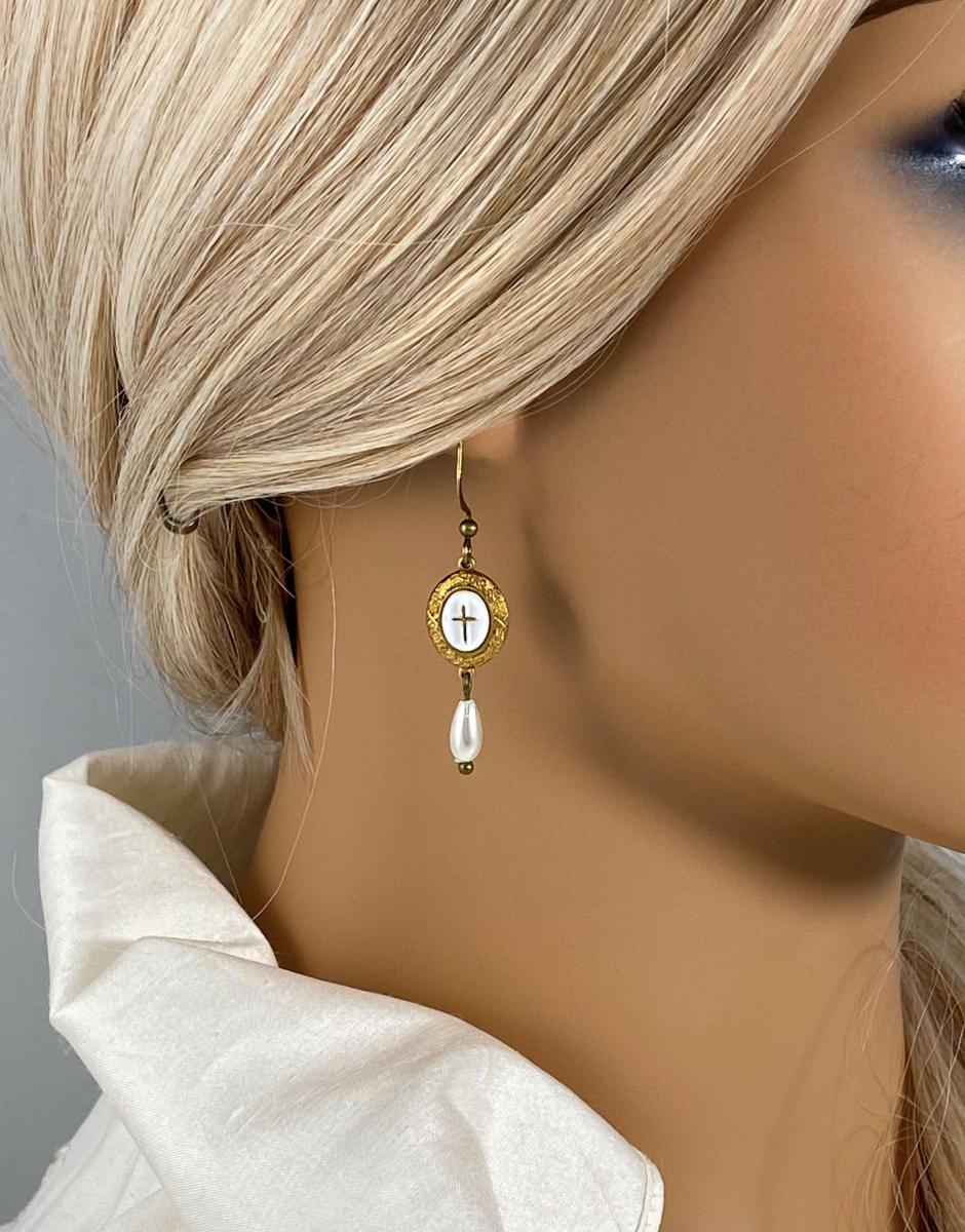 Vintage Gold and White Cross Earrings picture
