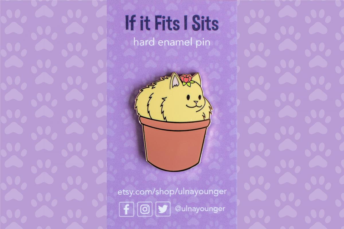 If It Fits I Sits Flower Pot Cat 1.5" Hard Enamel Pin picture