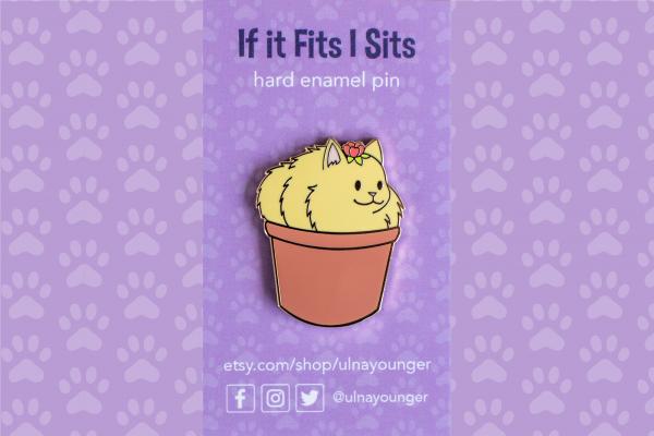 If It Fits I Sits Flower Pot Cat 1.5" Hard Enamel Pin picture