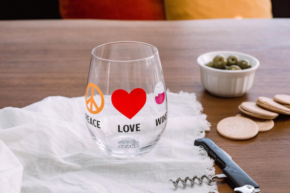 Peace Love Wine 20 Ounce Stemless Wine Glass picture