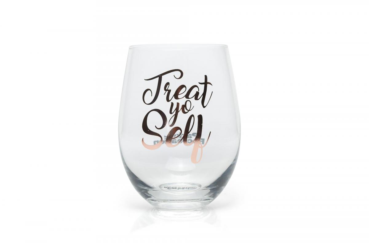 Parks and Rec Treat Yo Self Stemless Wine Glass | Pink picture