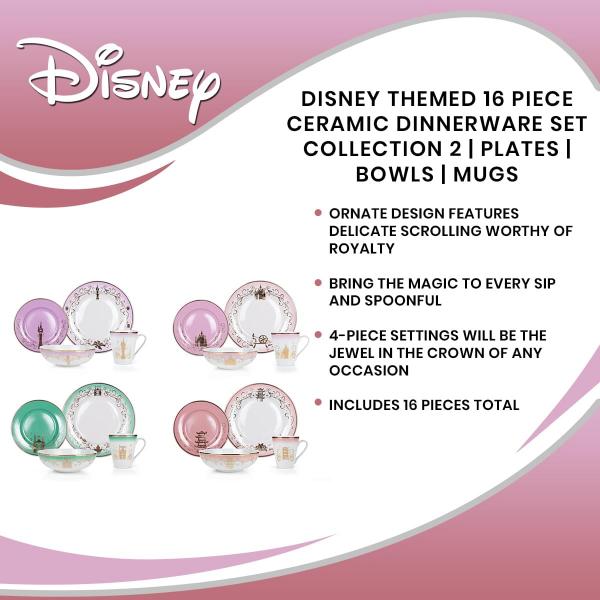 Disney Princess Themed 16 Piece Ceramic Dinnerware Set Collection 2 | Plates, Bowls, Mugs picture