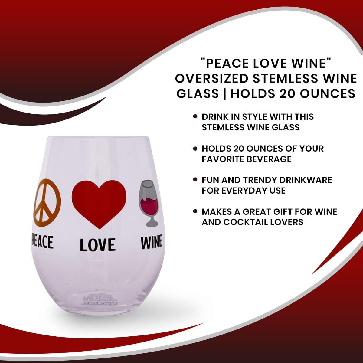 Peace Love Wine 20 Ounce Stemless Wine Glass picture