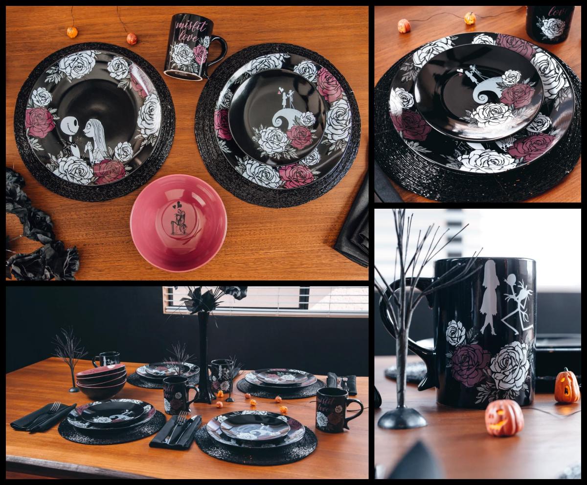 The Nightmare Before Christmas Jack and Sally Black Rose 16-Piece Dinnerware Set picture