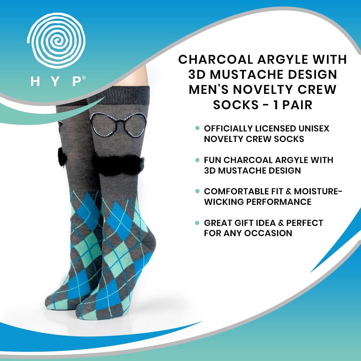 Charcoal Argyle With 3D Mustache Crew Socks | 1 Pair picture