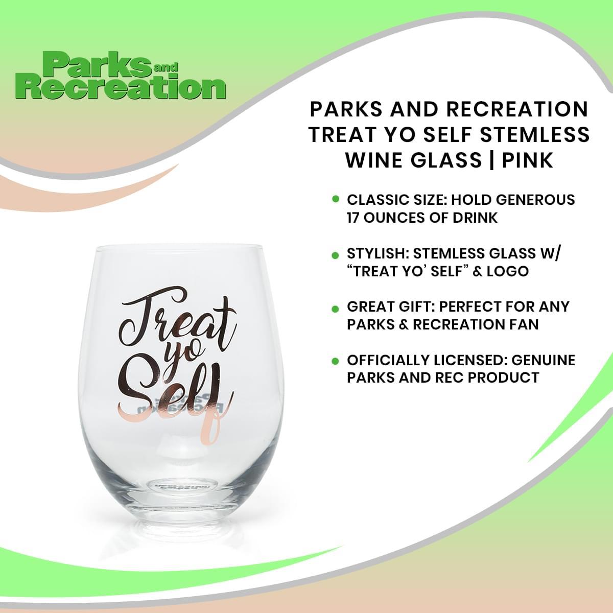Parks and Rec Treat Yo Self Stemless Wine Glass | Pink picture