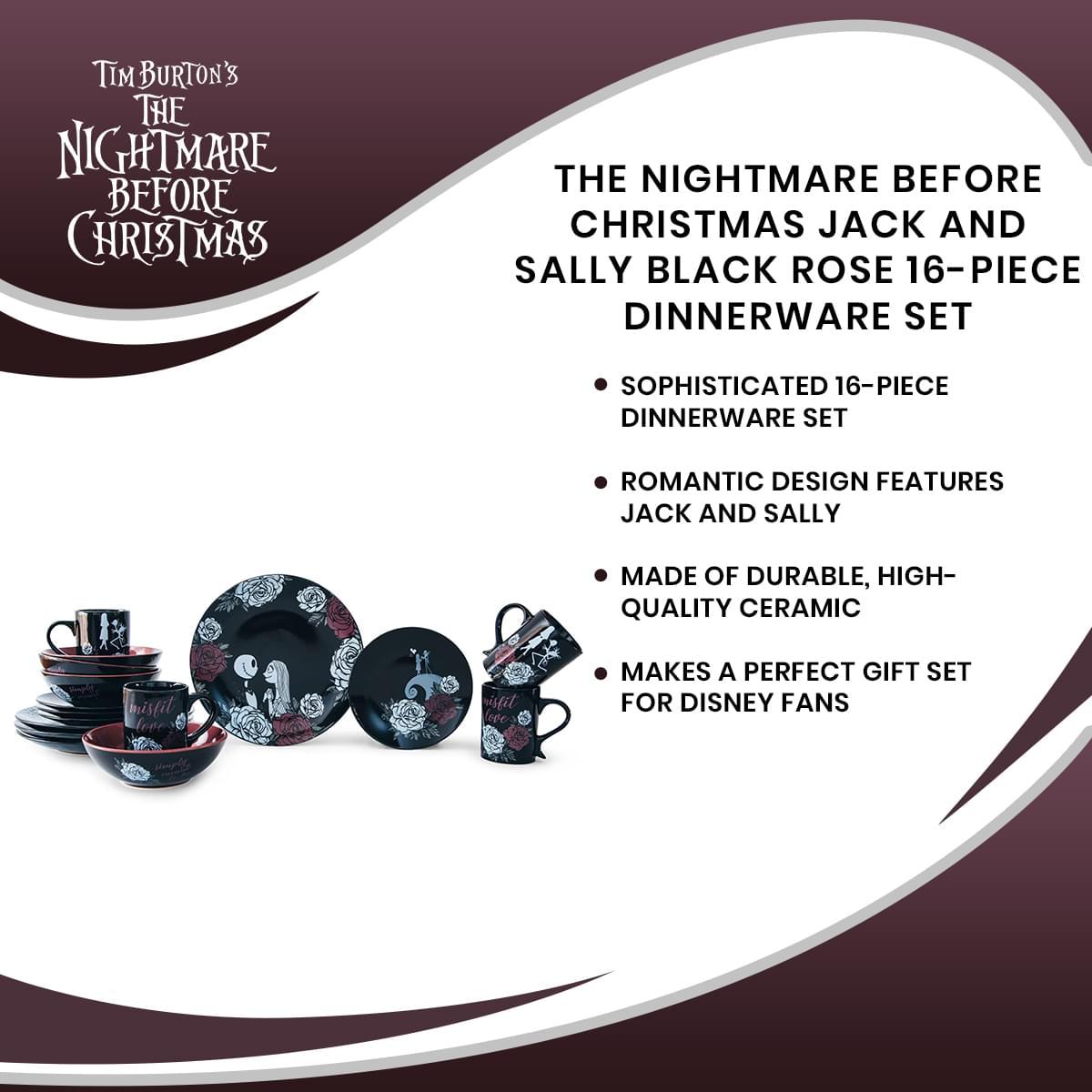 The Nightmare Before Christmas Jack and Sally Black Rose 16-Piece Dinnerware Set picture