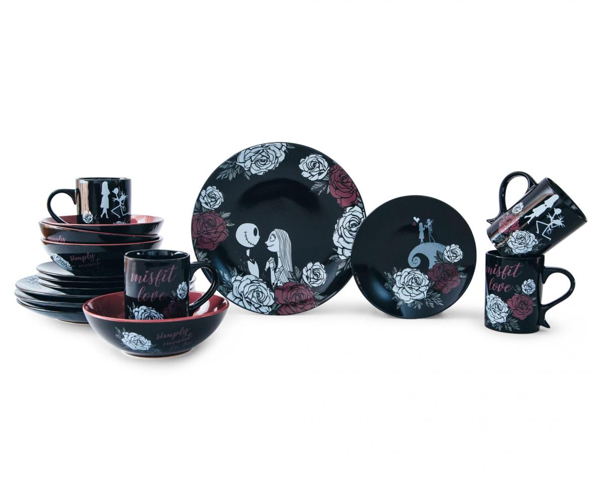 The Nightmare Before Christmas Jack and Sally Black Rose 16-Piece Dinnerware Set picture