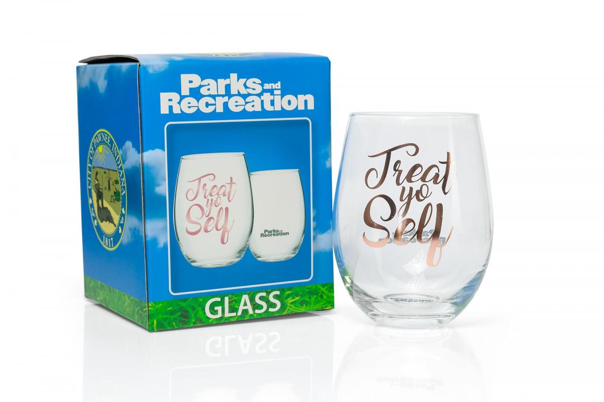 Parks and Rec Treat Yo Self Stemless Wine Glass | Pink picture