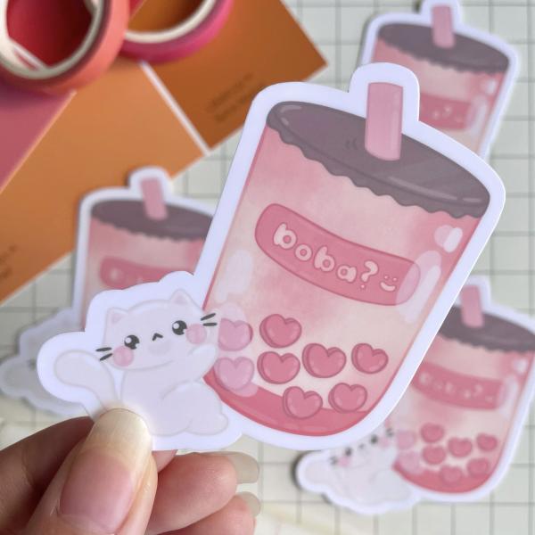 Cat Holding Boba Drink Weatherproof Sticker picture