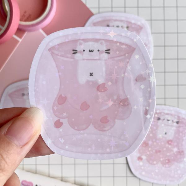 Cat in Starbucks Paw Cup Holographic Weatherproof Sticker picture