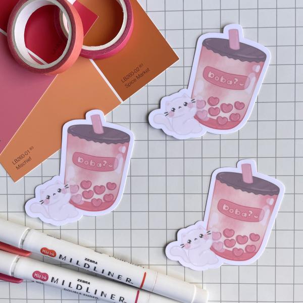 Cat Holding Boba Drink Weatherproof Sticker picture