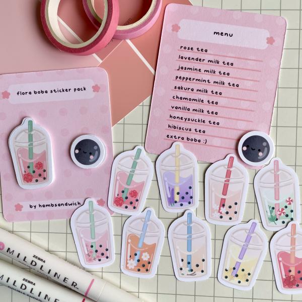 Floral Boba Drinks Matte Weatherproof Sticker Pack picture