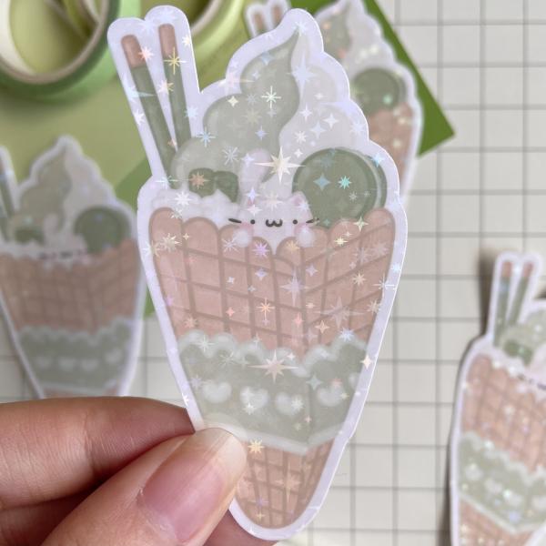 "Meowtcha Ice Cream" | Matcha Cat Ice Cream Holographic Weatherproof Sticker picture