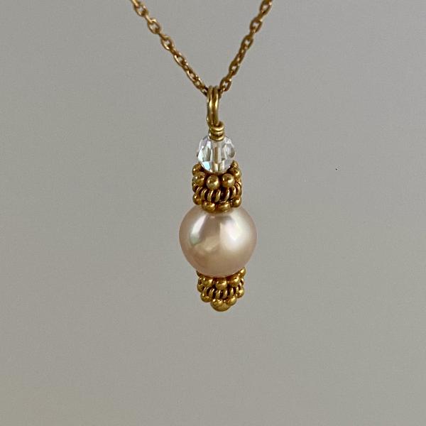 Soft Pink freshwater cultured drop pearl pendant with crystal & vermeil accents on 18" chain