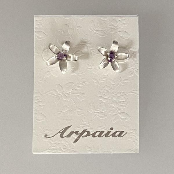 Brushed Silver Petal Post Earrings with Amethyst